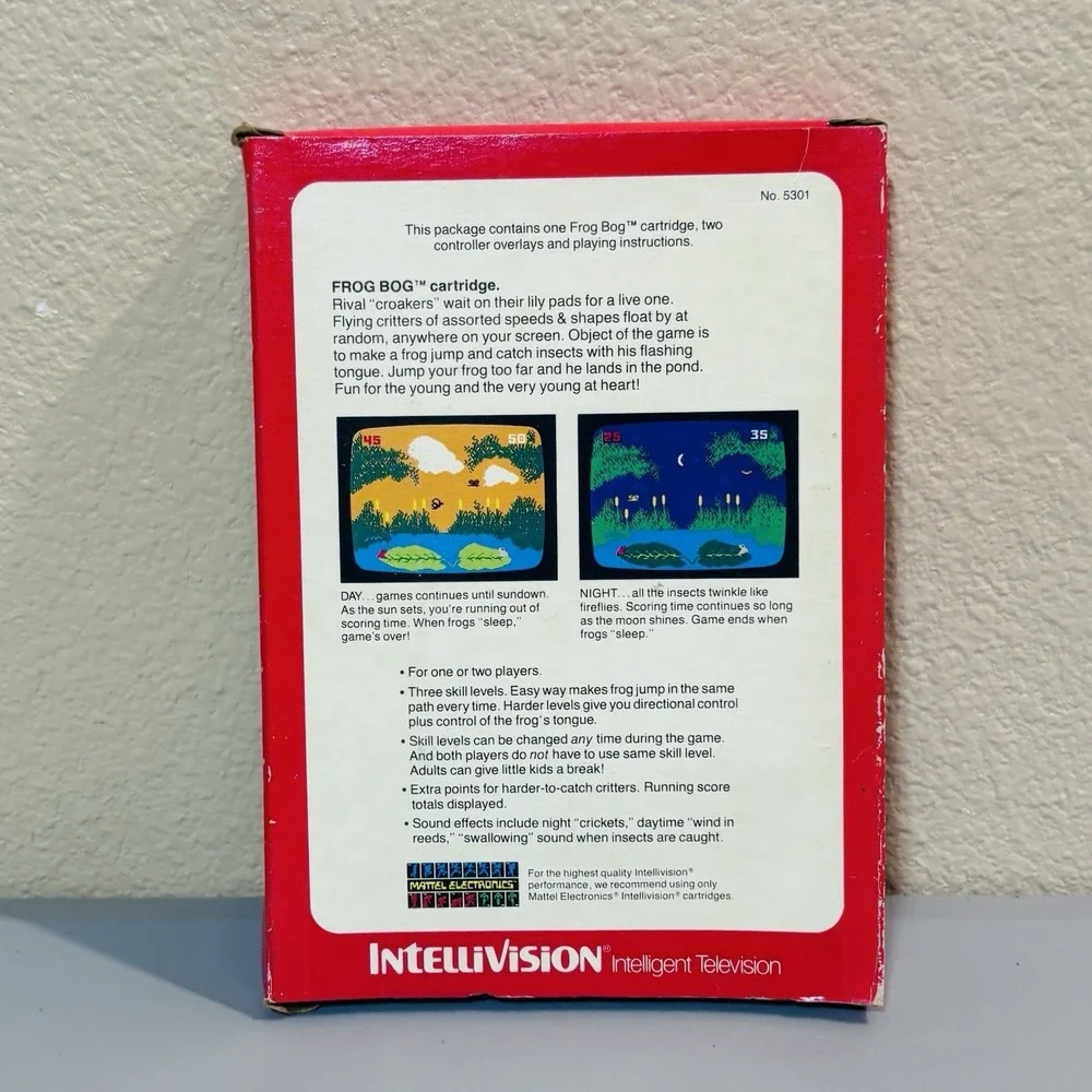 Frog Bog Intellivision, 1982 Mattel Video Game, Overlays, Manual & Box Cartridge